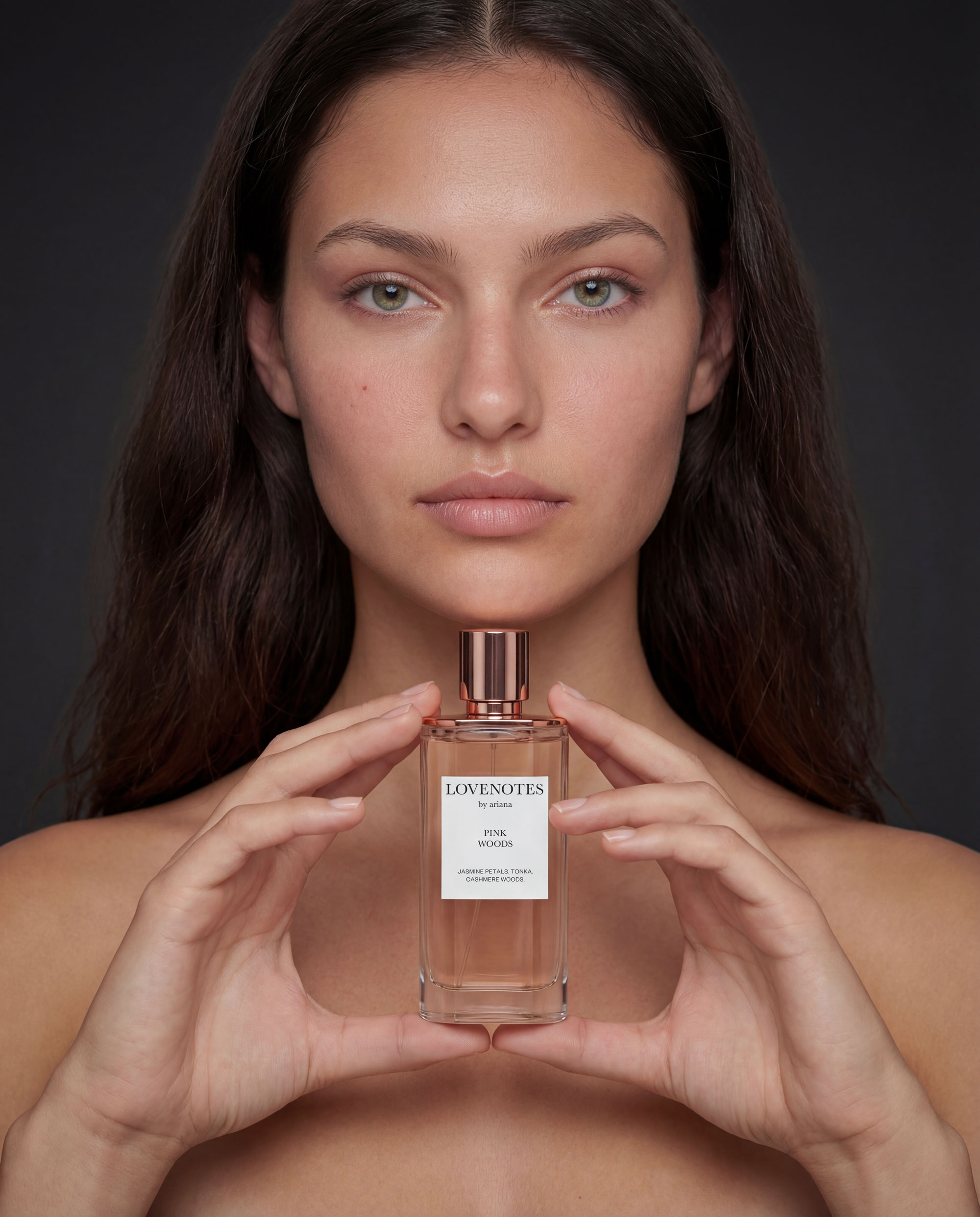 AI generated product photography showing model holding perfume bottle in styled campaign image